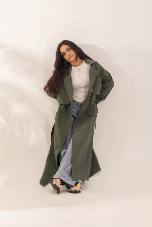 Long Gabardine Trench Coat | Olive