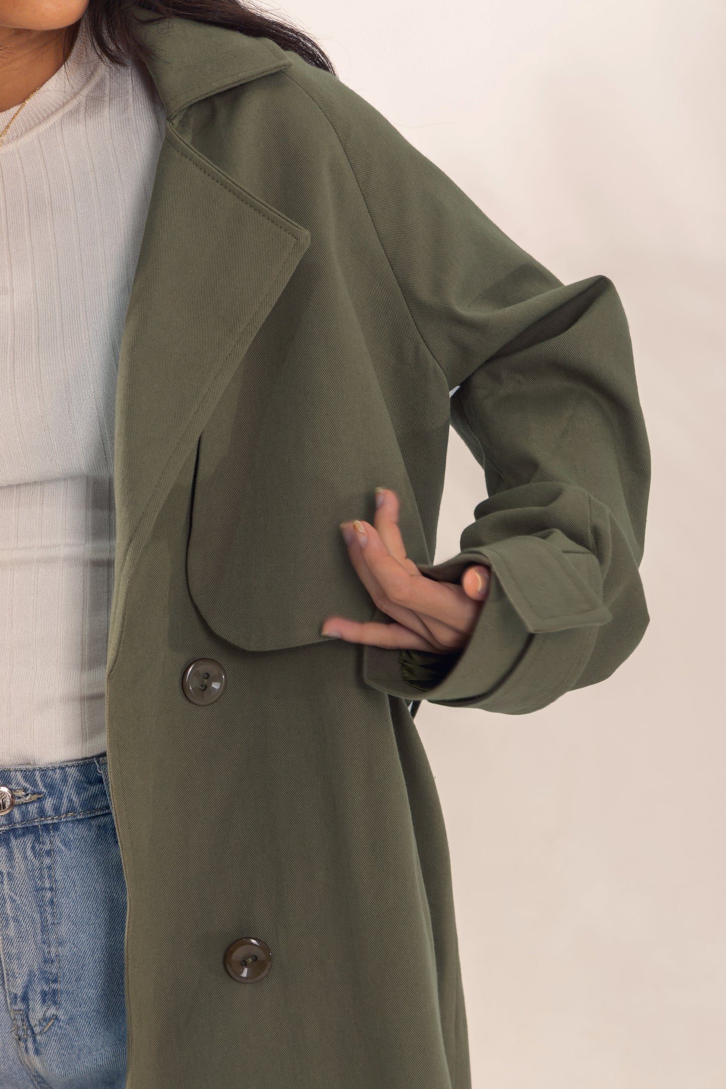 Long Gabardine Trench Coat | Olive