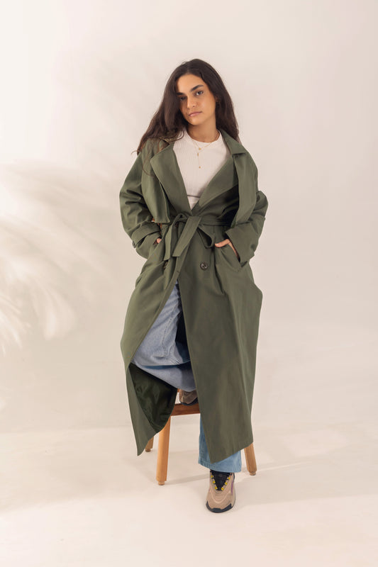 Long Gabardine Trench Coat | Olive