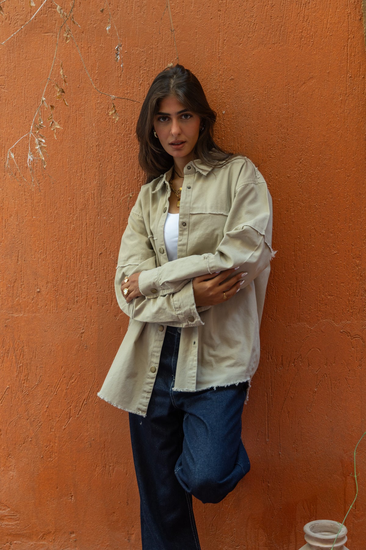 Back Trim Gabardine Shirt  | Beige