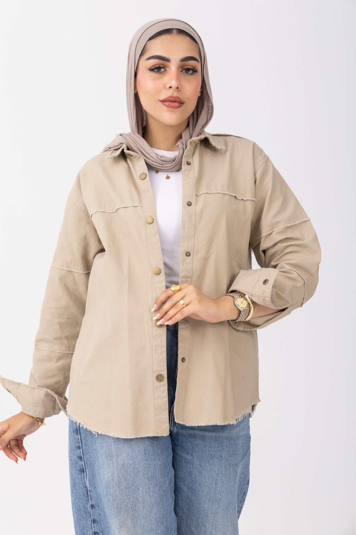 Back Trim Gabardine Shirt  | Beige