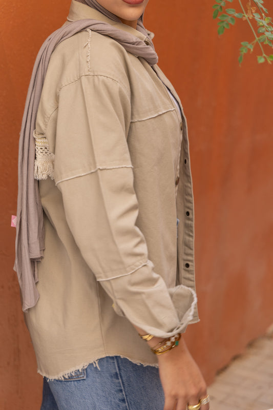 Back Trim Gabardine Shirt  | Beige