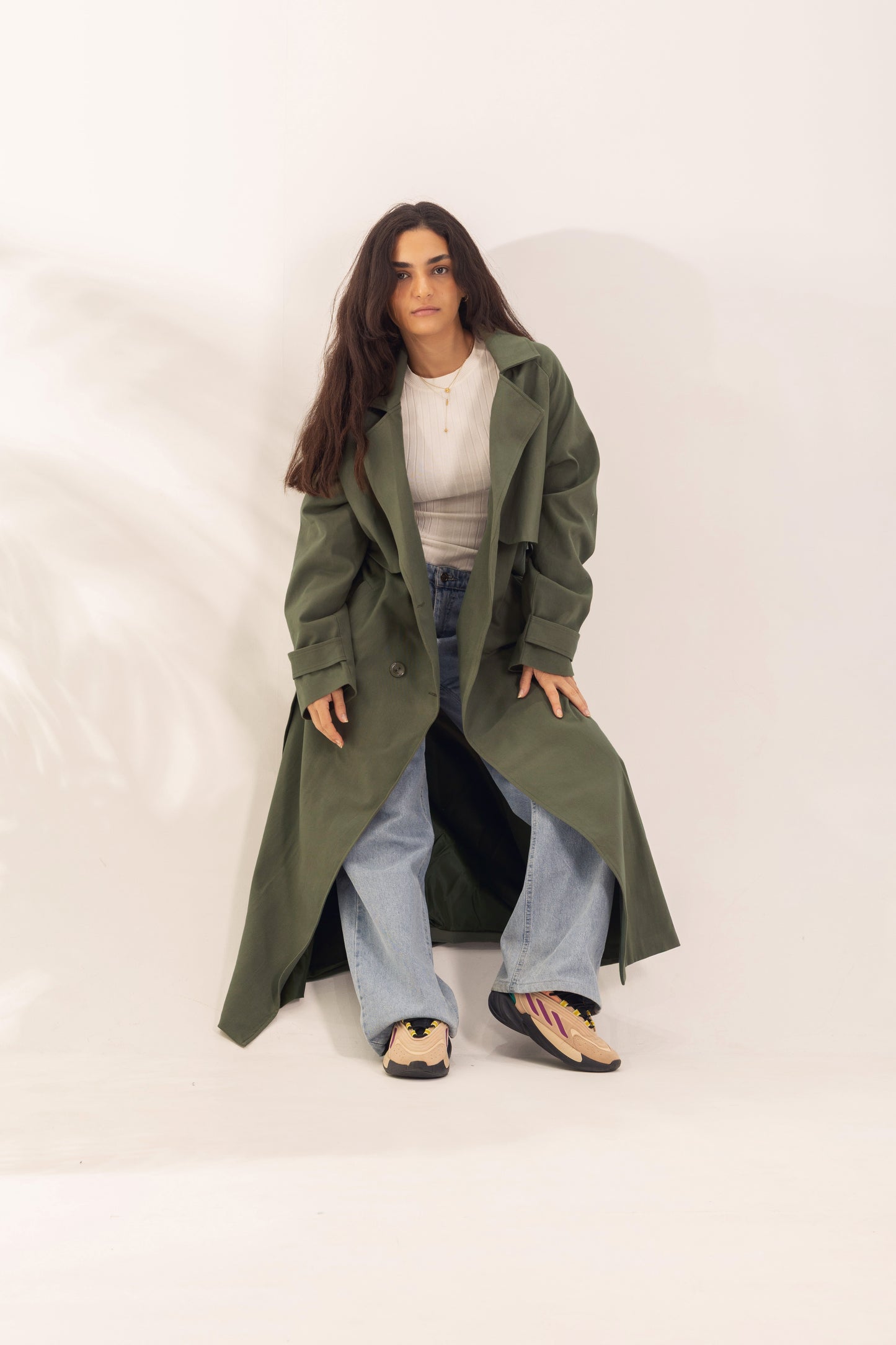 Long Gabardine Trench Coat | Olive