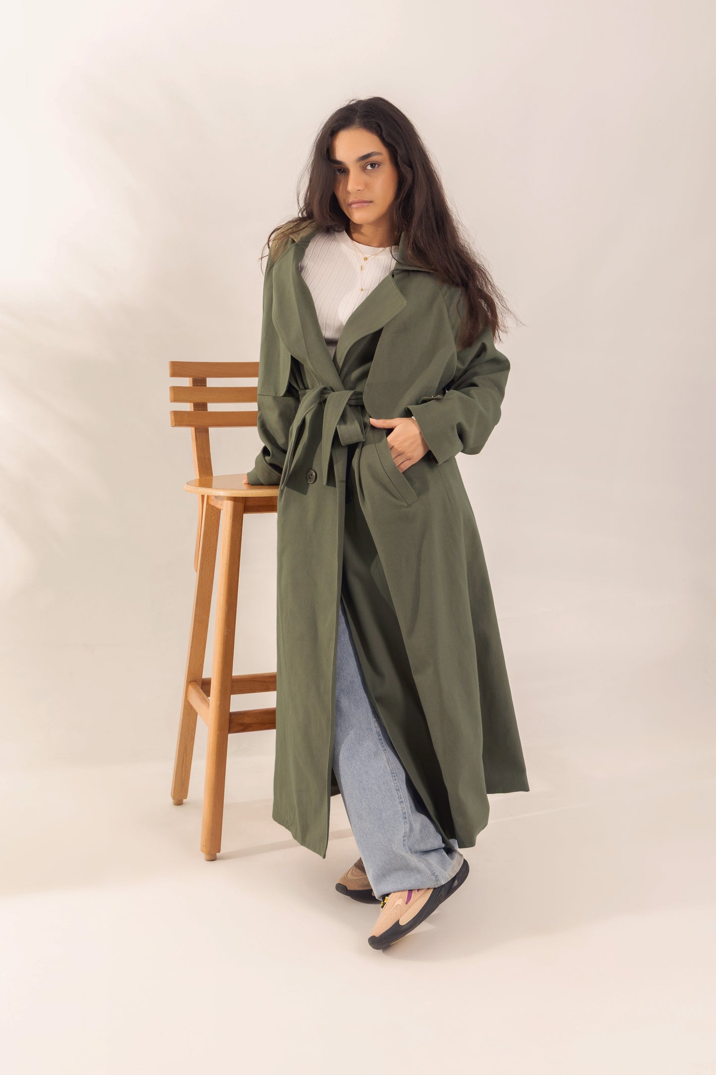 Long Gabardine Trench Coat | Olive
