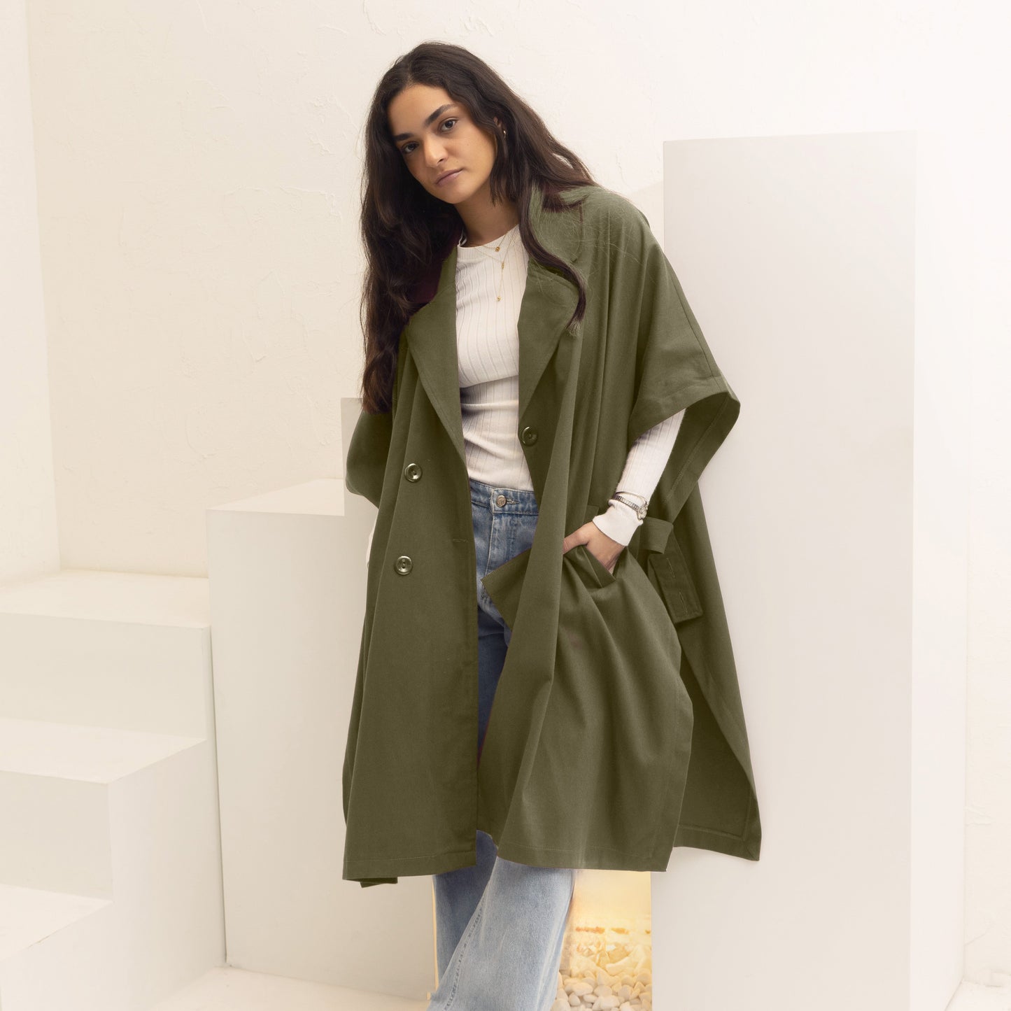 Oversized Gabardine Cape | Olive