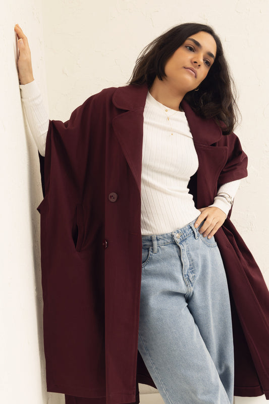 Oversized Gabardine Cape | Burgundy