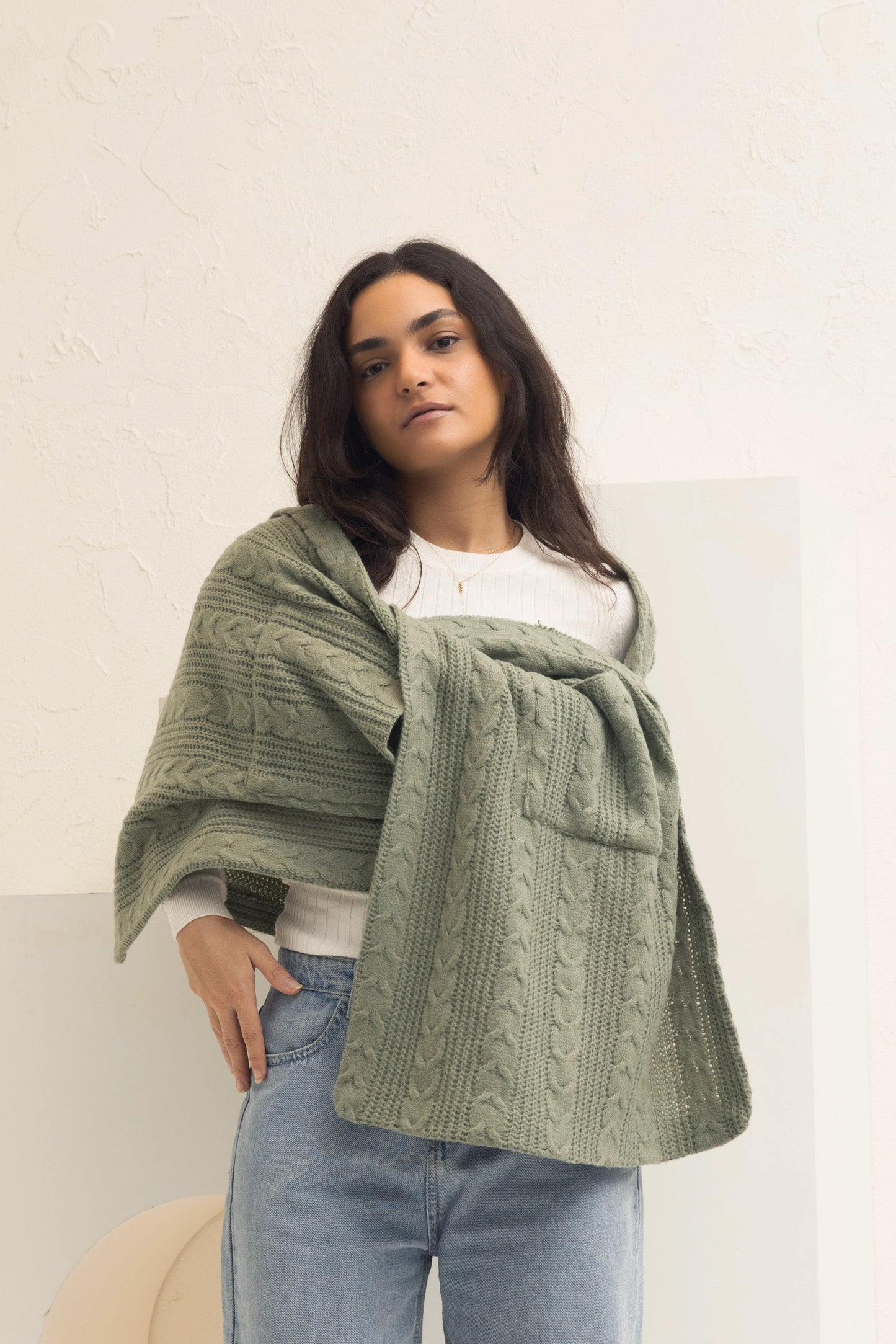 Soft Knit Shawl With Pockets | Sage Green