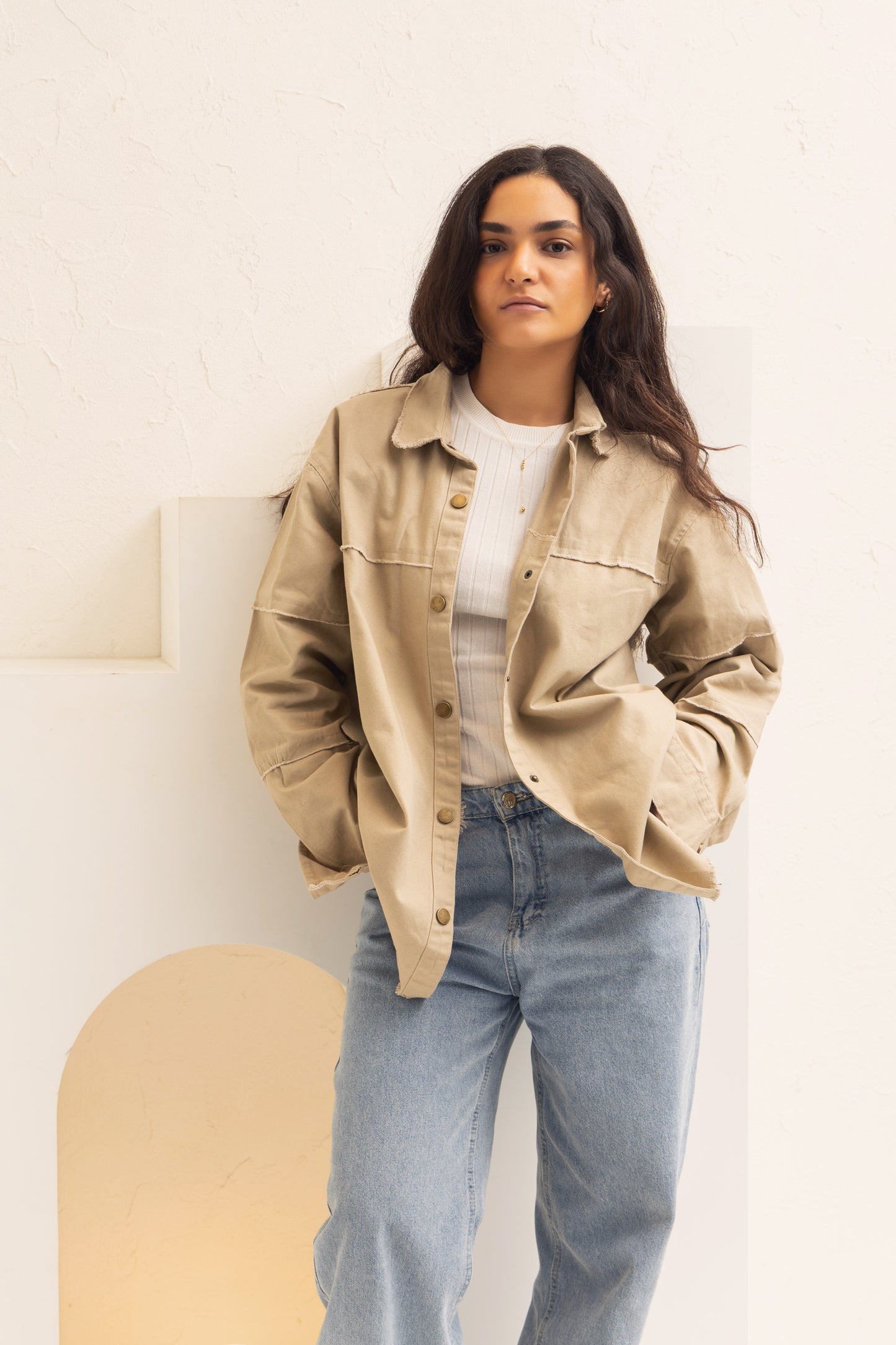 Back Trim Gabardine Shirt  | Beige