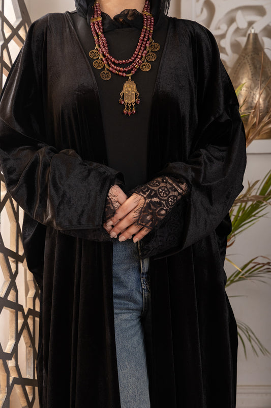 Vera Velvet & Lace Open Abaya | Black