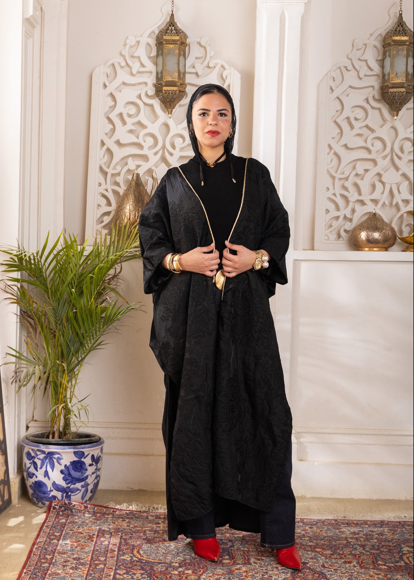 Lyra Jacquard Organza & Velvet  Abaya | Black