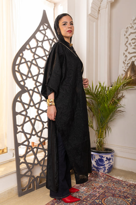 Lyra Jacquard Organza & Velvet  Abaya | Black
